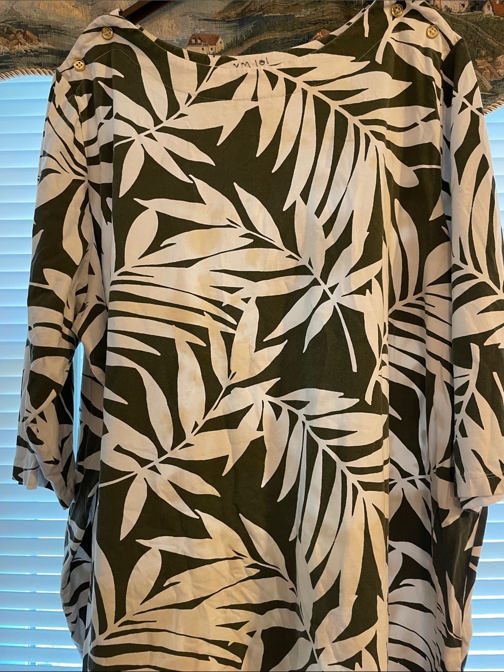 Jessica London Women's Olive Green and White Tropical Print Boatneck Top